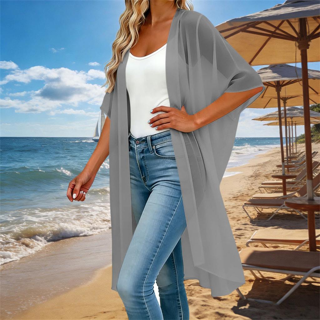 Damen Lockere Passform Offene Vorderseite Kurze Ärmel Strickjacke Leichte Chiffonbluse Lässiges Layering-Oberteil für Sommer Frühling