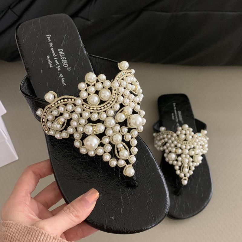 

Fashion Luxury Pearl Rhinestone Designer Flat Sandals Women Round Toe Clip Toe Flip Flops Summer Comfort Non-Slip Vacation Beach Shoes 39 чёрный