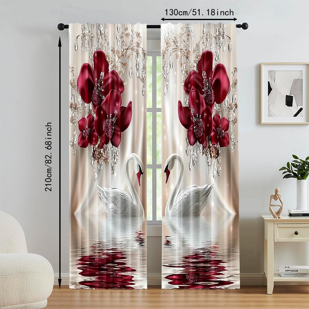 2Pcs Digital Printed Rod Pocket Window Curtain Swan Flower Pattern Window Drapes For Bedroom Living Room Home Decor Design For