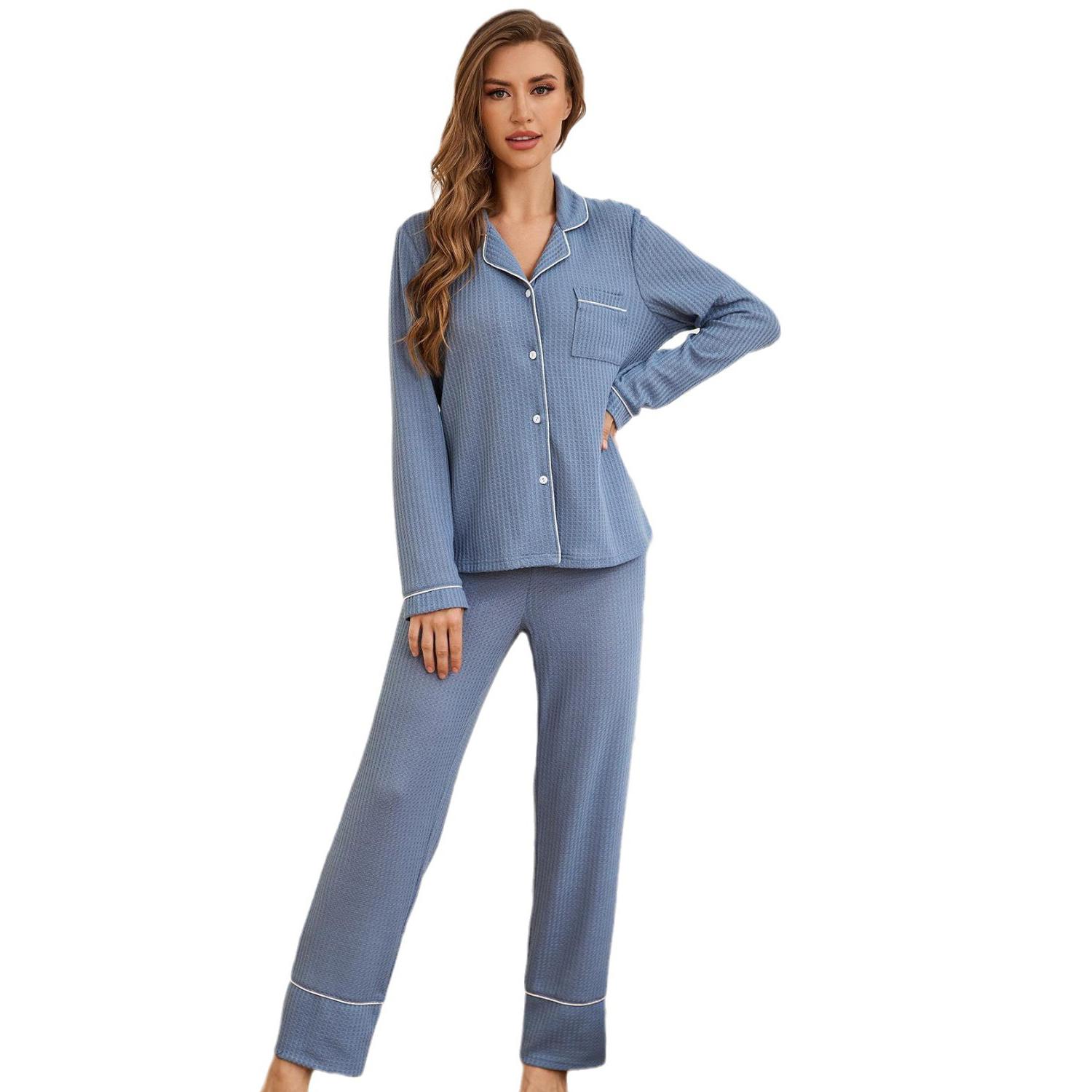

Женские пижамы вафельного цвета с белой отделкой на пуговицах, рубашки с длинными штанами, комплект из 2 предметов, пижамы, осенне-зимняя домашняя одежда для сна, отдыха, повседневная одежда XL синий
