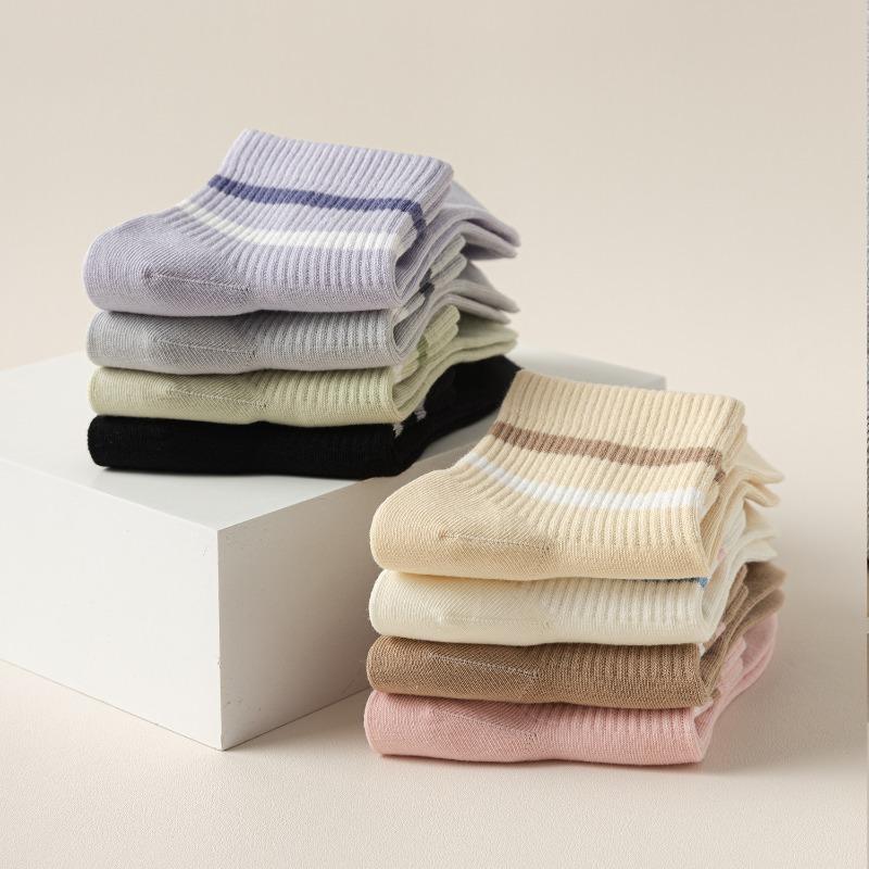 Female Spring and Autumn Striped Sweat Absorbent Breathable Boneless Sports In Tube Cotton Socks