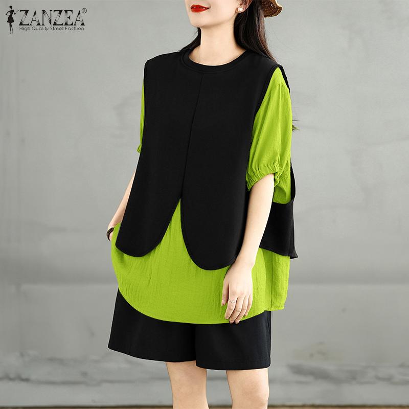 ZANZEA Women Short Sleeve Patchwork Casual Loose Blouse