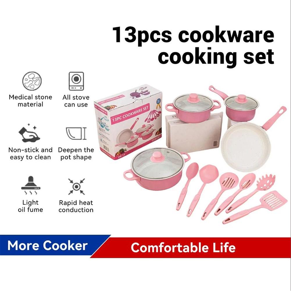 12Pcs Non Stick Cookware Set Milk Pot Maifan Stone Frying Pan with Lid Cooking Pot Set Stackable Pot Set for All Hob