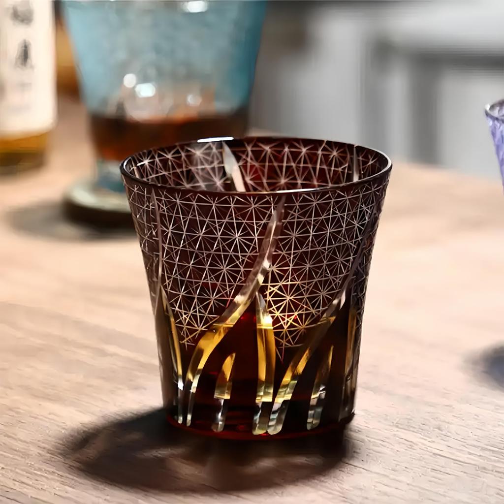 MGOXO Cut Glass Tumblers 260ml Rock Beer Sake Whiskey Chrysanthemum Dishwasher Handcrafted by in a Paulownia Wood Suitable for and Stylish and Popular