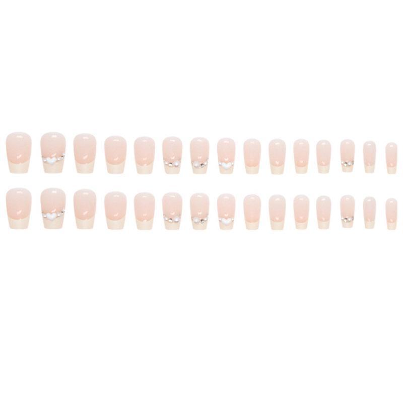 French Pearl Heart Diamond Ballet Nail Art - Medium-Length Detachable False Nails