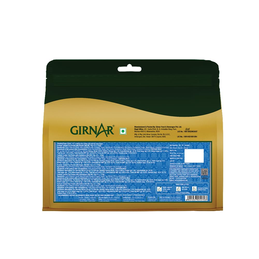 Girnar Instant Premix Chai Variety Pack 36 Sachets Cardamom Ginger Masala Lemongrass Saffron