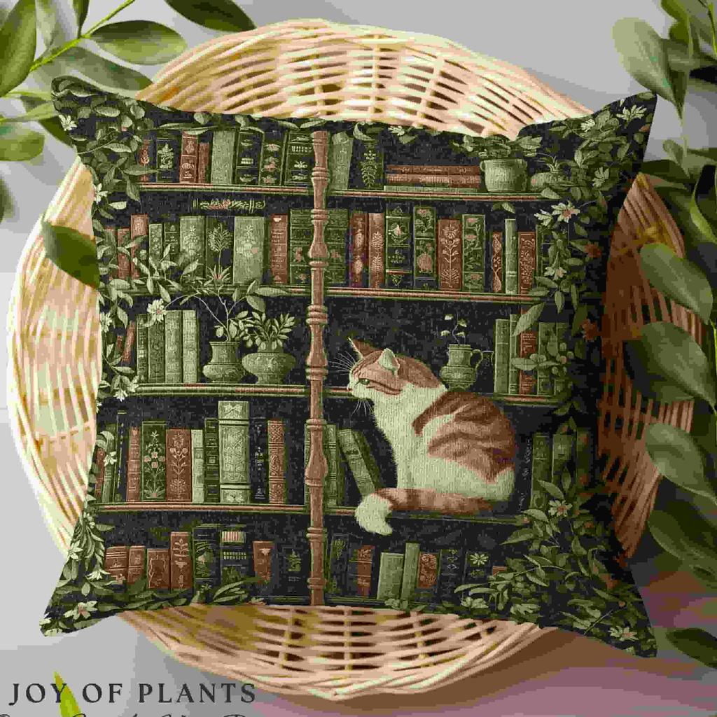 1Pc Vintage Floral Bookshelf Pillow Cover, Polyester 2D Double-Sided Print, Soft Square Cushion Case For Study & Reading Nook, L