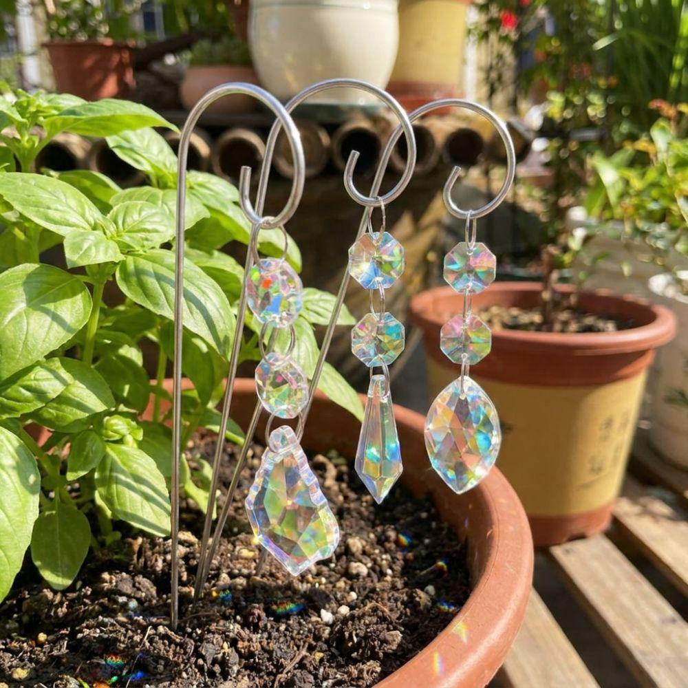 Colorful Crystal Prisms Suncatchers Reflective Handmade Rainbow Maker Metal Stake with Hook Exquisite Plant Stake Decorations