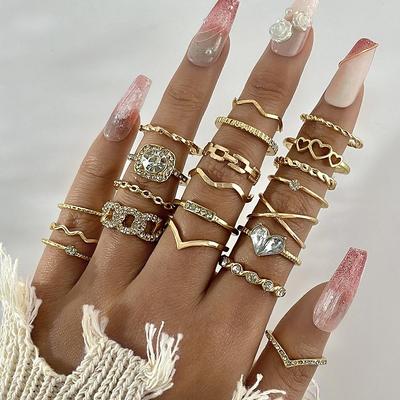 Cross Border Fashion Light Luxury Peach Heart Water Diamond Ring Punk Chain Cross Hollow Overlapping Joint Ring Set