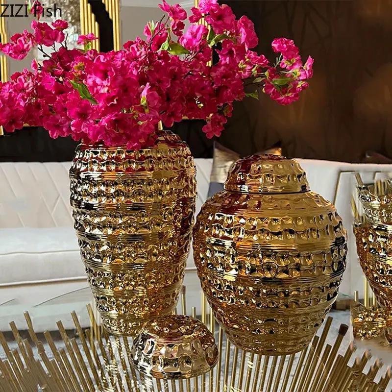 Gold-plated Pattern Ceramic Storage Jar White General Tank Desk Decoration Flower Arrangement Jewelry Jars Cosmetic Containers