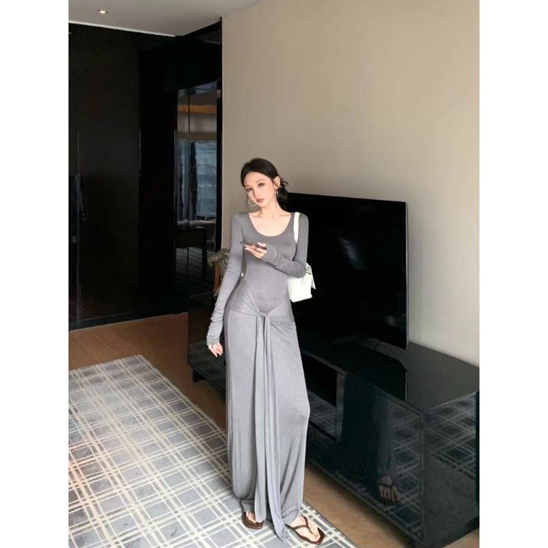 Kumikumi Pure Desire Style Sexy Temperament Lace-up Solid Long sleeve dress Women Autumn Waist Hugging Slimming A- line Skirt