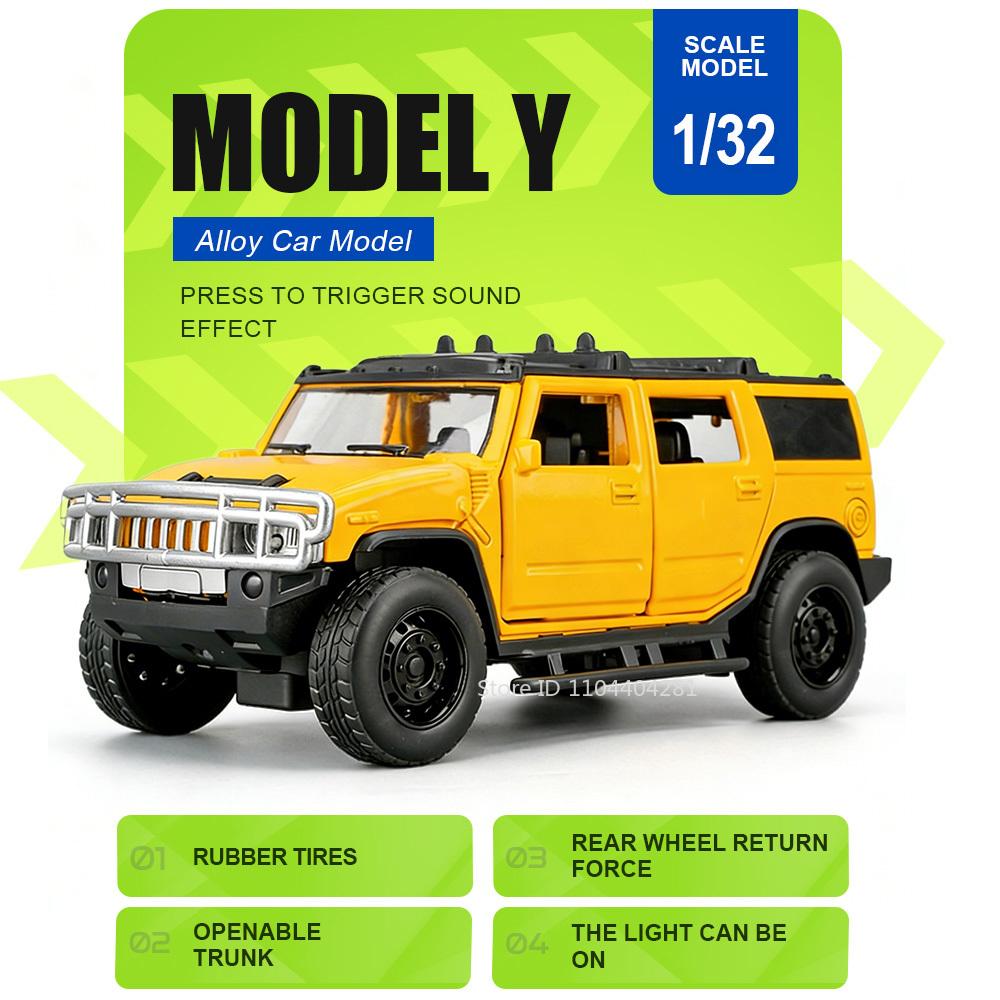 1:32 H2 Alloy Off Road Vehicle Diecast Model Toys Car Sound Light Pull Back Rubber Tire Doors Opened Models Children's Day Gifts