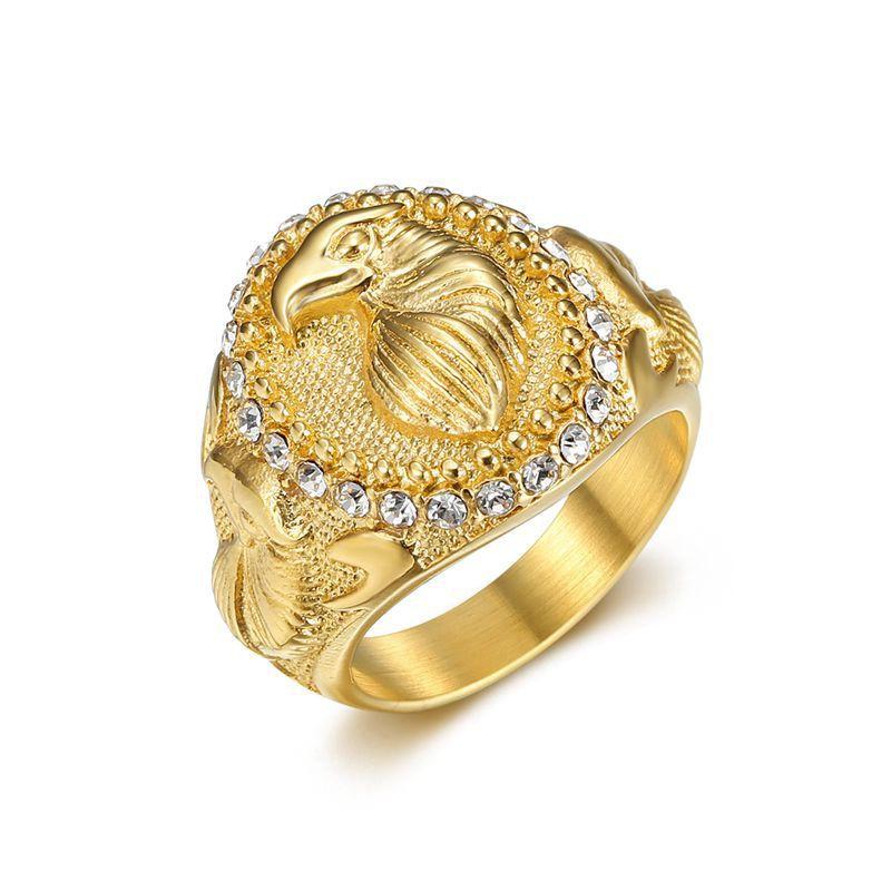 Mens Titanium Steel Eagle Ring With Gold Plating Rhinestones Hip Hop Style Adjustable Size