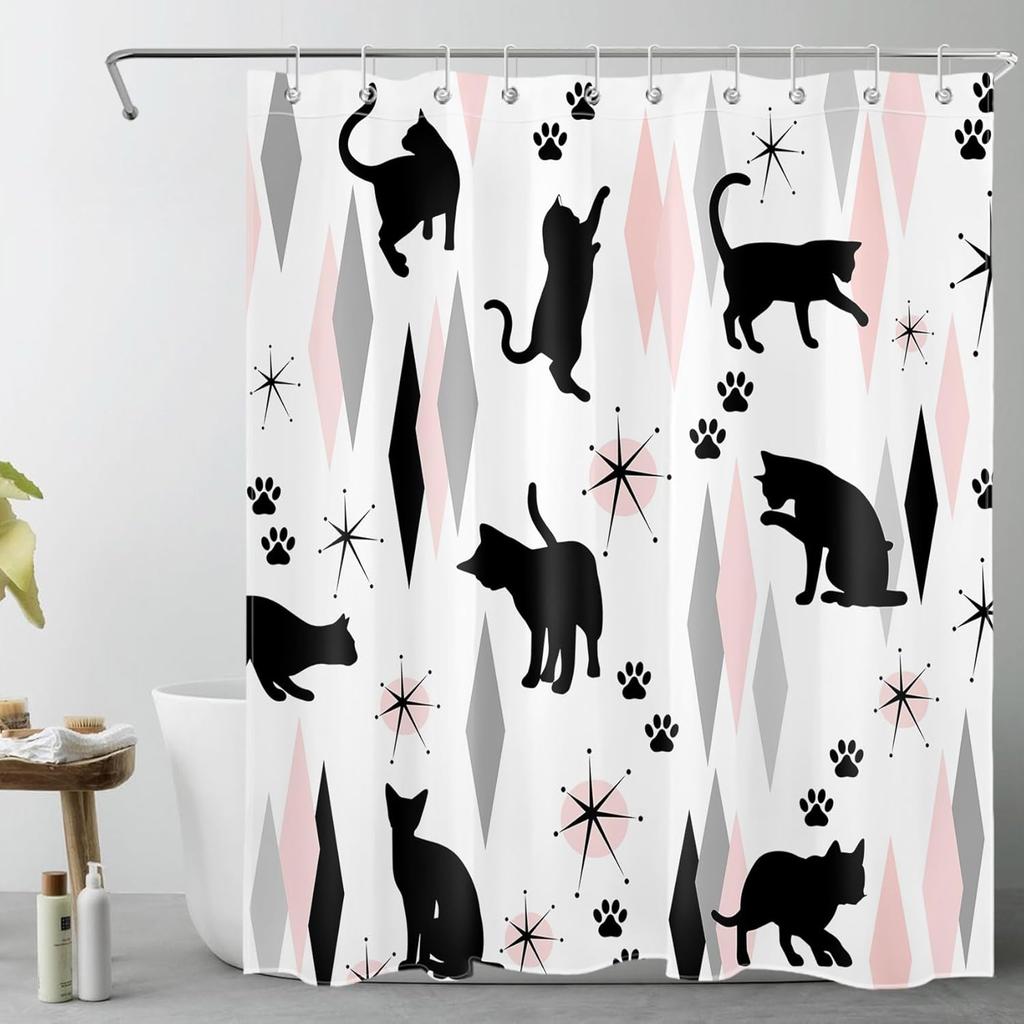 Mid Century Black Cat Shower Curtain for Bathroom Boho Sage Green and Grey Geometric Fabric Shower Curtain  Retro Cute Animal