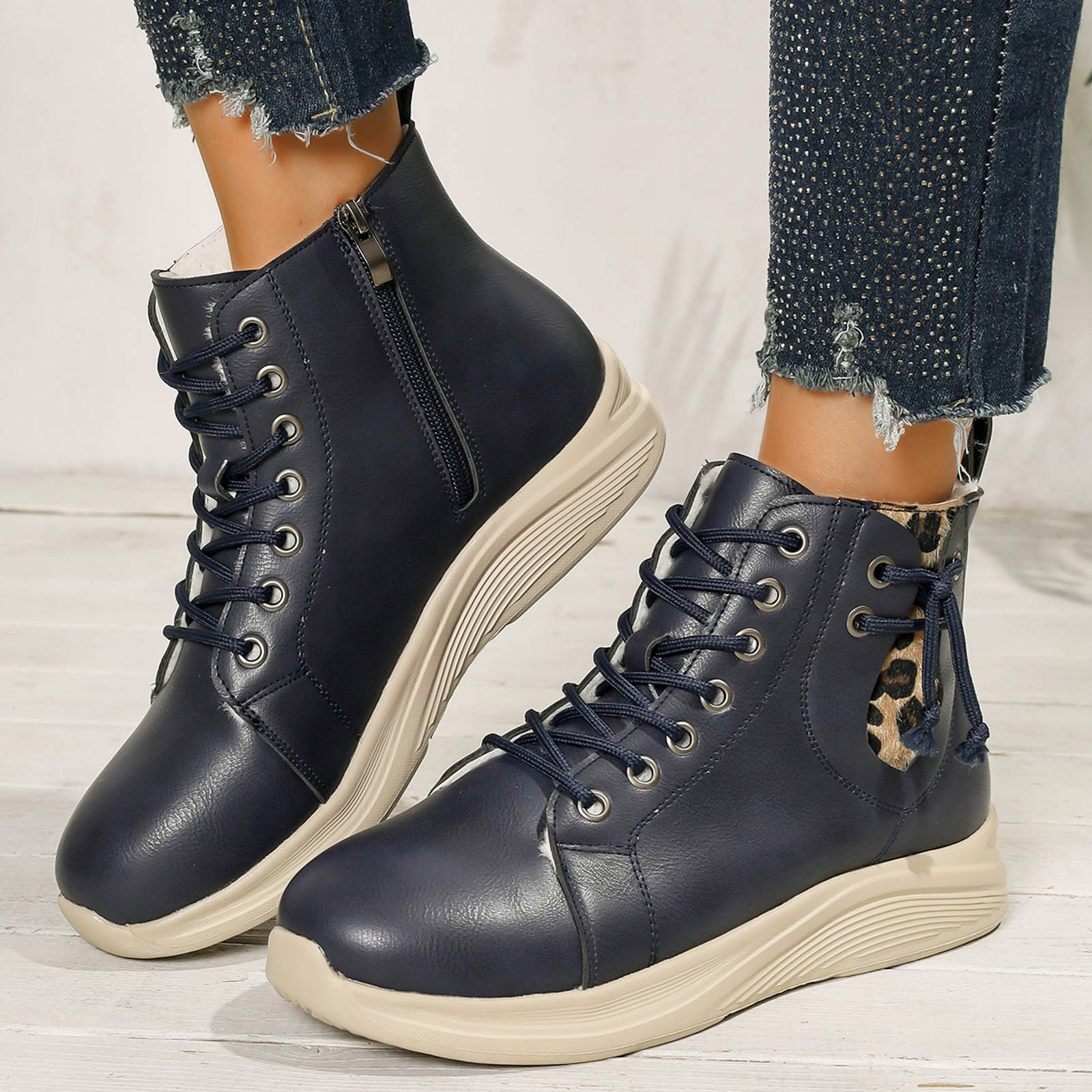 

Women s Fleece Lined Warm Ankle Boots Stylish And Casual Round Toe Lace Up Side Zipper Leather Women s Boots & Booties Size 14 36 тёмно-синий