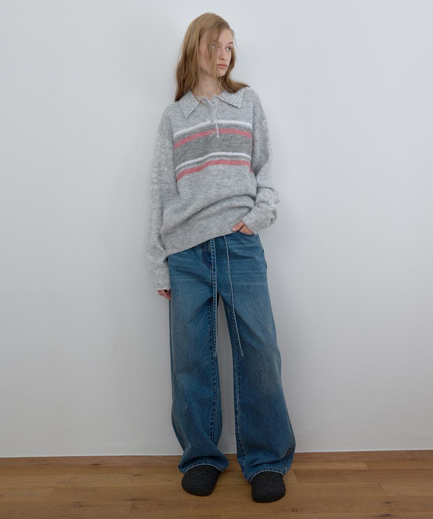 Kasel Multi Stripe Polo Knit, Melange Gray