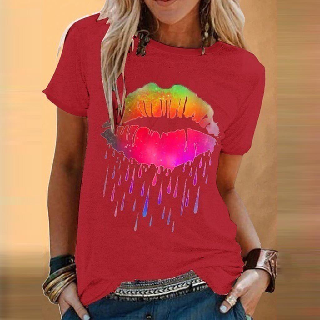 Fashion Women Casual Colorful Lip Print Short Sleeve  T-Shirt Blouses Tops
