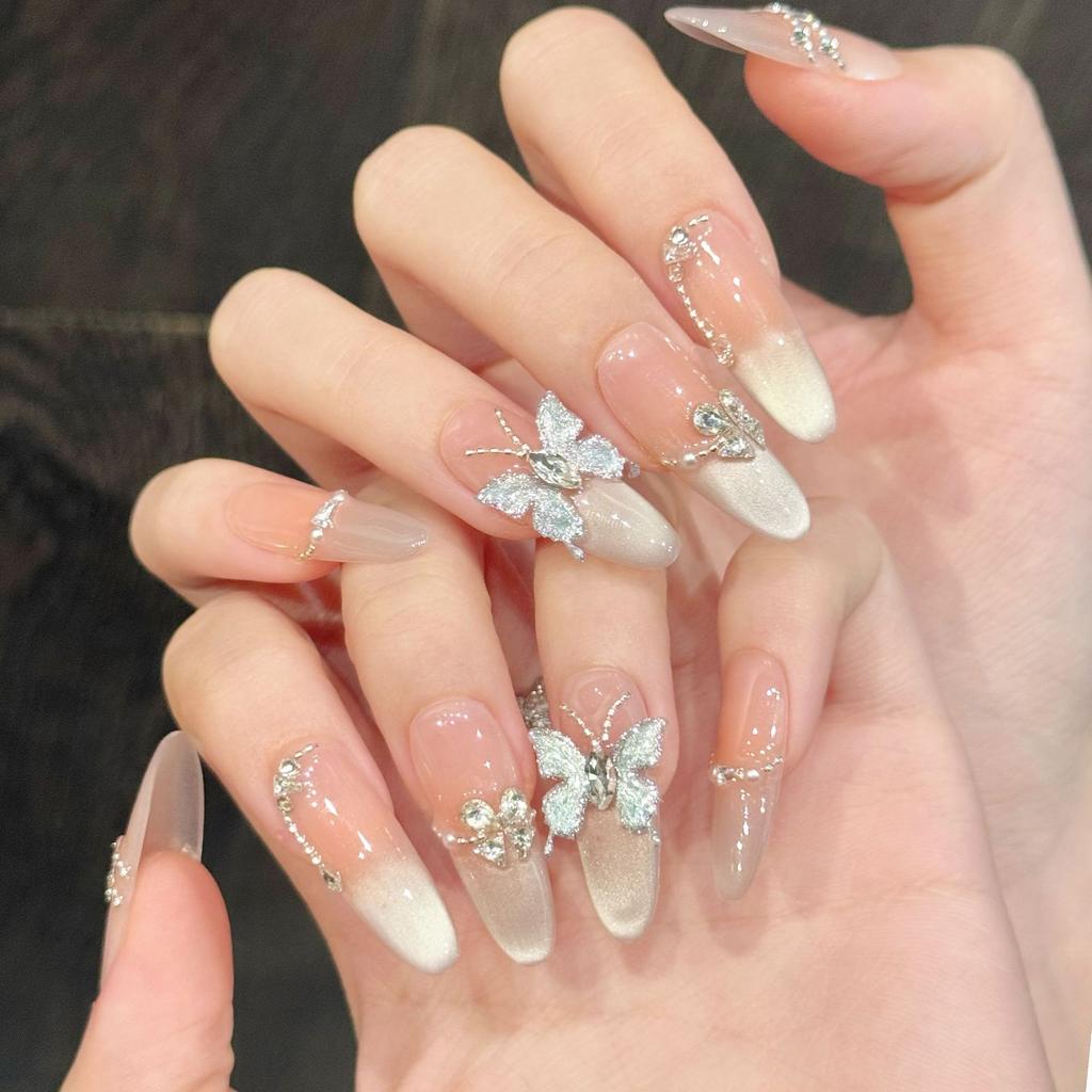 10Pcs 3D Butterfly Rhinestone Nude Pink Handmade Reusable Full Cover Press On False Nails Set