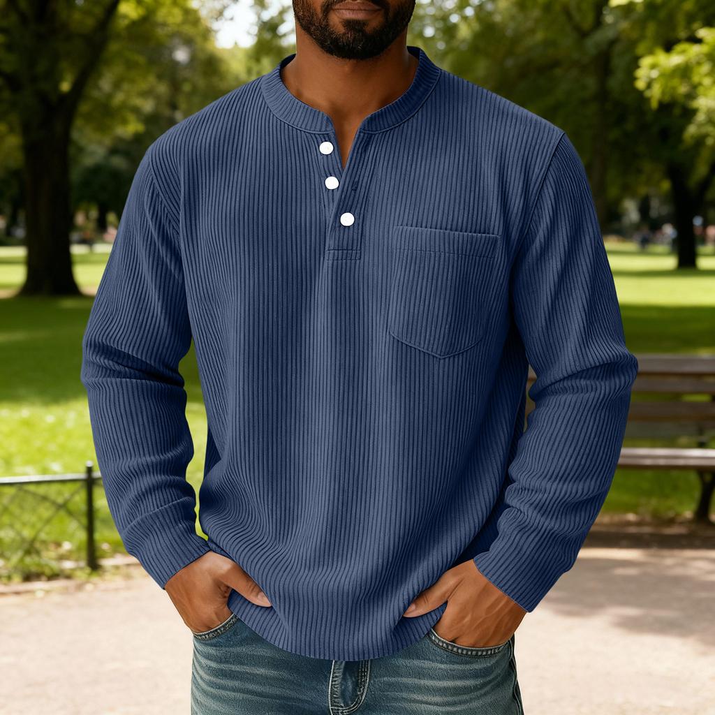 Men's Solid Color Corduroy Three-button Collar Men's Long-sleeved Shirt