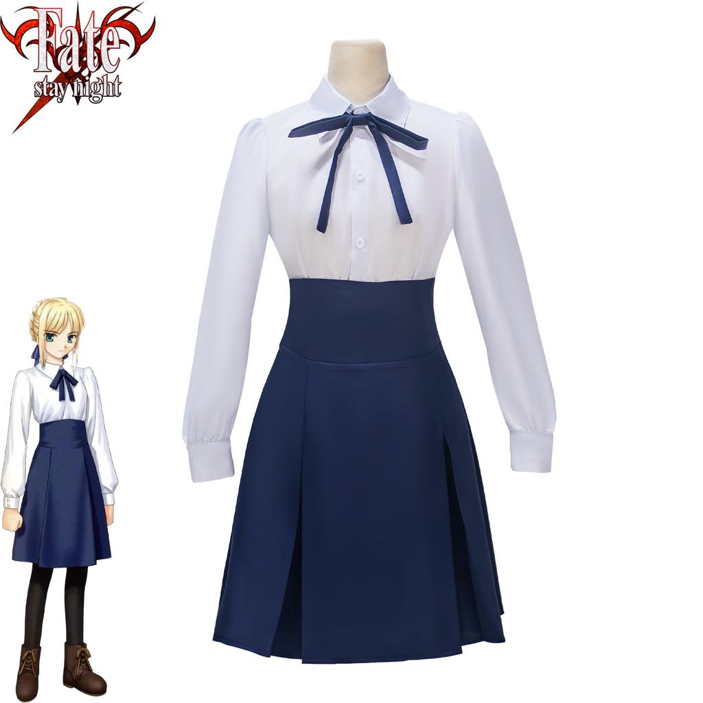 Anime Fate Stay Night Saber Altria Daily Blue White Dress Wig Cosplay Costume Anime Role Play Halloween Performance Outfit