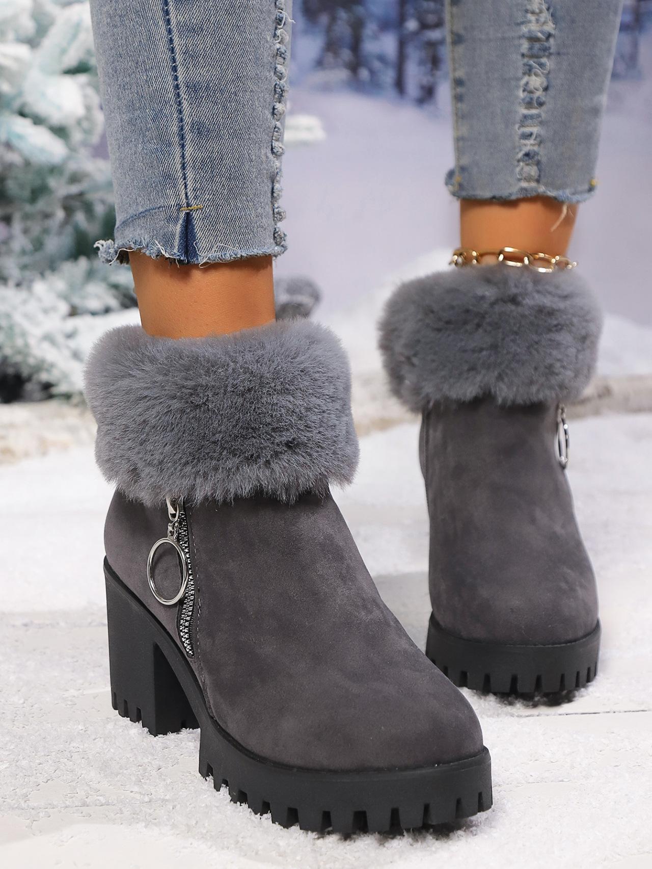 

Large Size Women s Boots Winter Fashion Side Zipper Tumed-over Edge Cotton Shoes Outdoor Non Slip Comfortable Medium Heel Shoes 35 темно-сірий