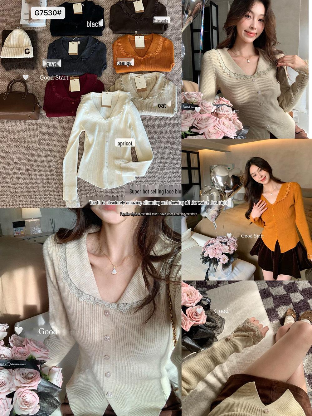 

Early Autumn Slim Fit Knit Top with Lace Peter Pan Collar One Size