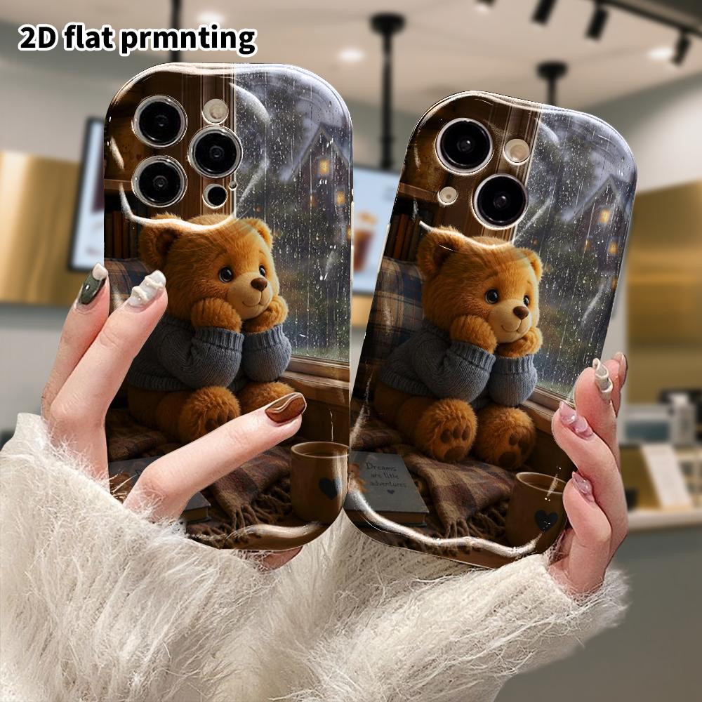 Phone Case: 2D Flat Design Suitable for iPhone 18 17 16 15 14 13 Pro Protective Case, Little Bear by the Rainy Window, Perfect Gift for Christmas and 