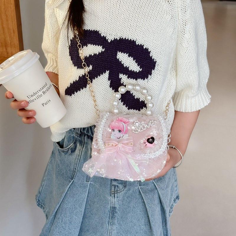 Charming Pink Bow Sequin Girls Shoulder Bag With Pearl Chain For Kids Fashion