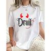 European Size Women'S Casual Crew Neck T-Shirt, Polyester Blend, Medium Stretch, Geometric Devil Horns Print, Short Sleeve Tee for All Seasons