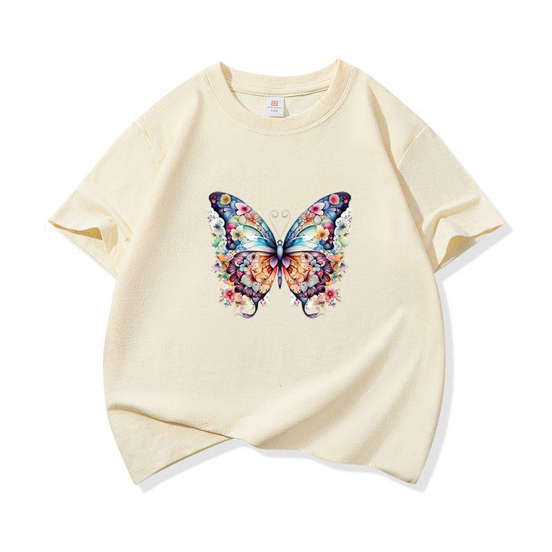 Kids Cotton T Shirt Colorful Floral Pattern Butterfly Print Crew Neck Short Sleeve Tee Casual Boys Girls Summer Tops