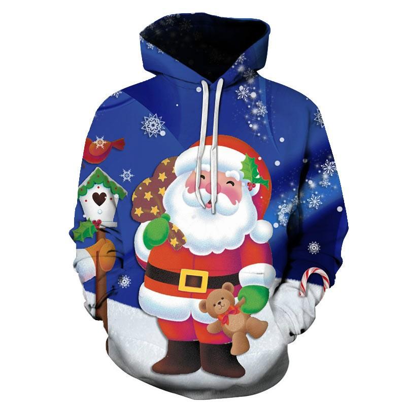 Mens 3D Christmas Print Hoodie Sweatshirt With Santa Reindeer Snowman Design Loose Fit Long Sleeve Pullover