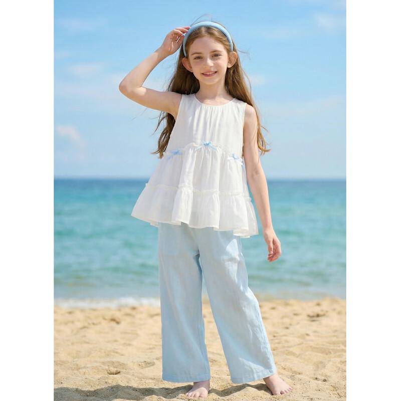 Montagut Girls' Summer Bowknot Vest & Straight Pants Set