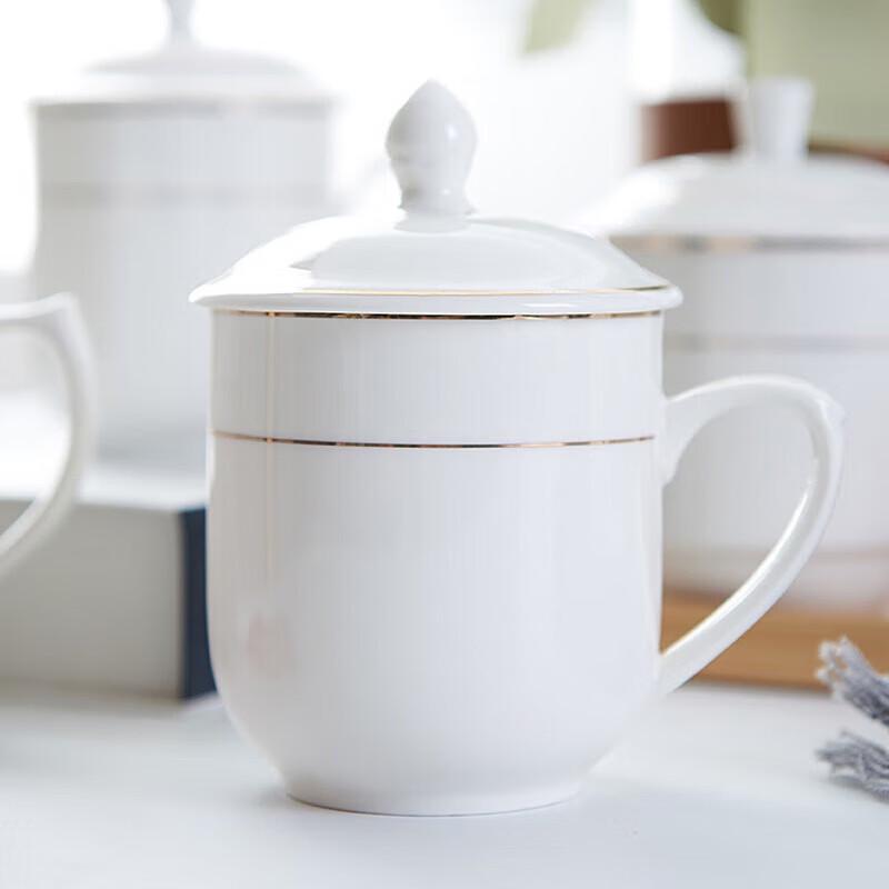 Jiang Xiaoguo White Ceramic Office Teacup with Gold Rim and Lid