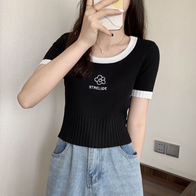 Pink Short Sleeved Slim Fit Spring/summer Knitted Base Shirt for Women's Korean Version High Waisted Short Top for Inner Lining