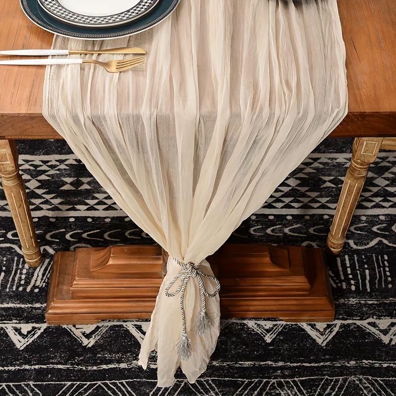 1pc Bohemian Polyester Table Runner - Beige & White Ruffled Design, Rectangular Fabric with Elegant Floral Accents for Weddings, Parties
