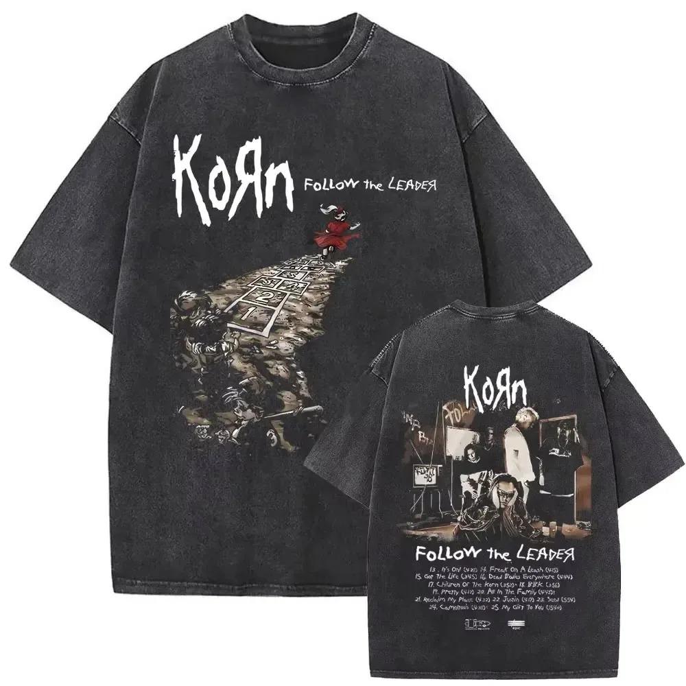 Korn Nu Metal  Follow the Leader  1998 Album Hopscotch Graphic Oversized Streetwear Vintage Washed T-Shirt Top for Nu Metal & Rock Fans L
