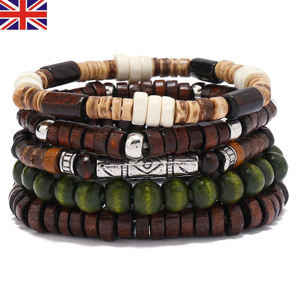 

5 шт. набор мужской коричневый зеленый бисерный винтажный ретро деревянный браслет на запястье браслет 5Pcs
