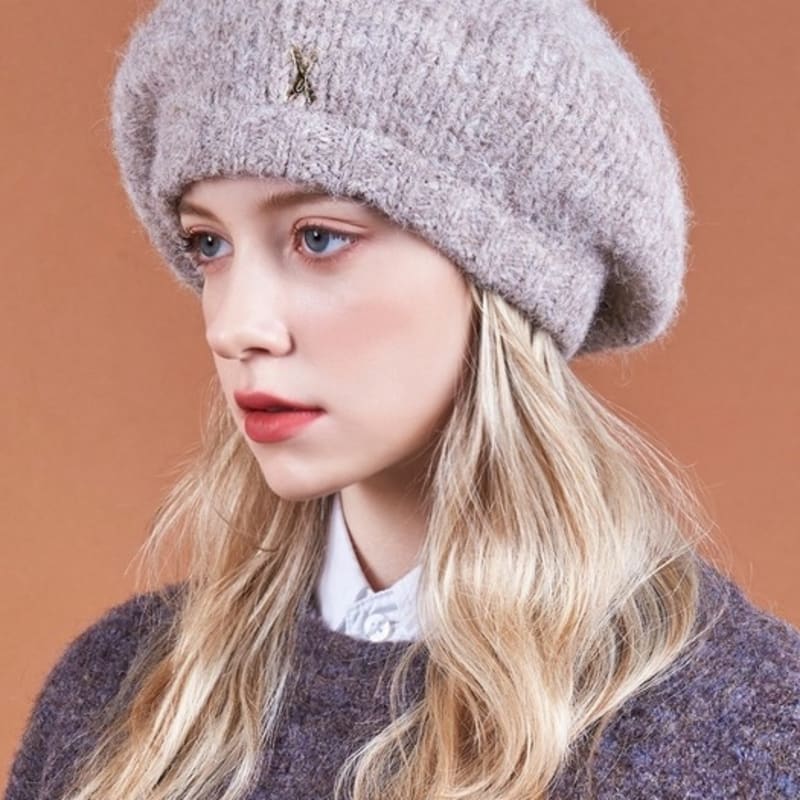 VARZAR Studded Logo Wool Knit Beret Mocha