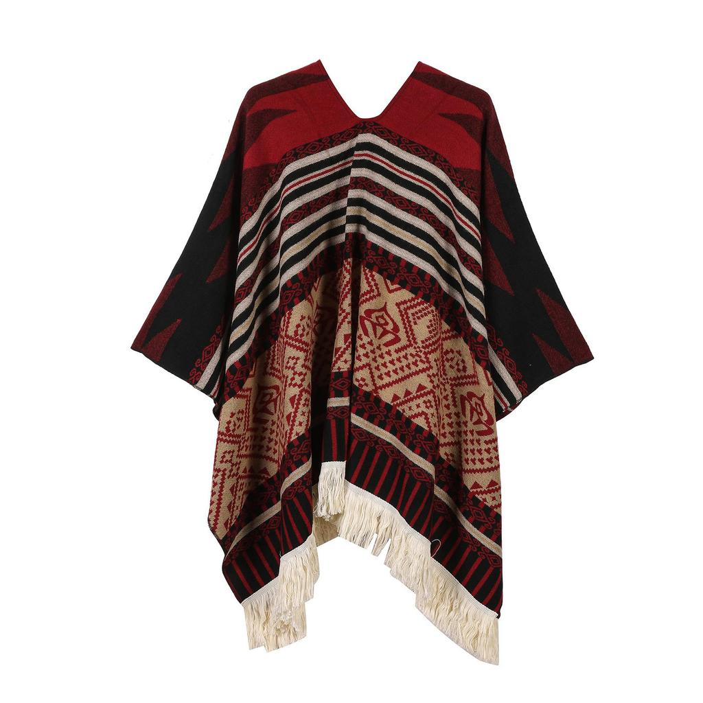 Ethnic Style Tassel Shawl: Xinjiang Tibet Yunnan Lijiang Travel Jacquard Outerwear Warm Striped Cape