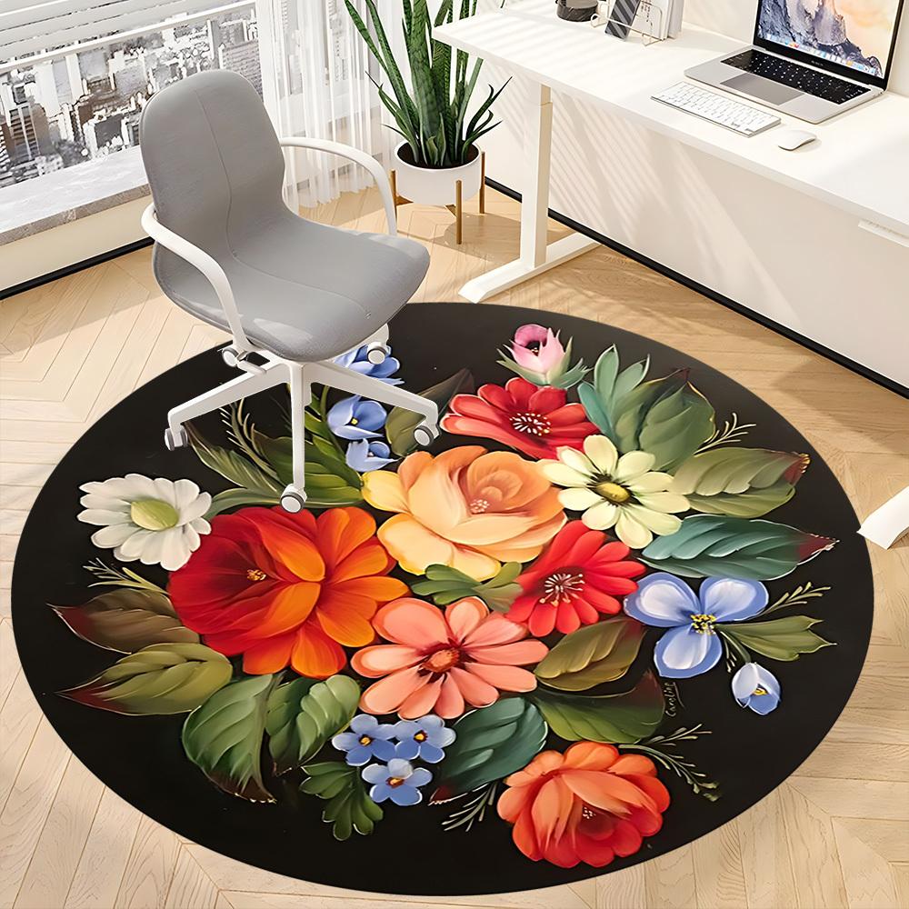 1pc Colorful Flowers Chair Carpet for Office, Round Non-Slip Durable Large Size Office Carpet, Suitable for Office, Beautiful Decoration