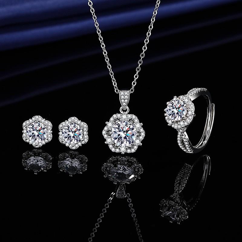 Elegant CZ Gemstone Pendant Necklace Set With Earrings Ring Women Blue Red Yellow Green Purple White Zircon Jewelry T45 Plum Blossom Three-Piece Set