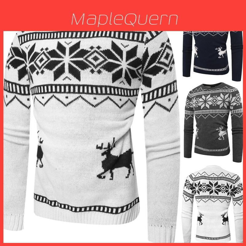 Gemütlicher und weicher Herren-O-Ausschnitt-Pullover mit festlichem Hirsch-Druckdesign für Weihnachtsfeiern