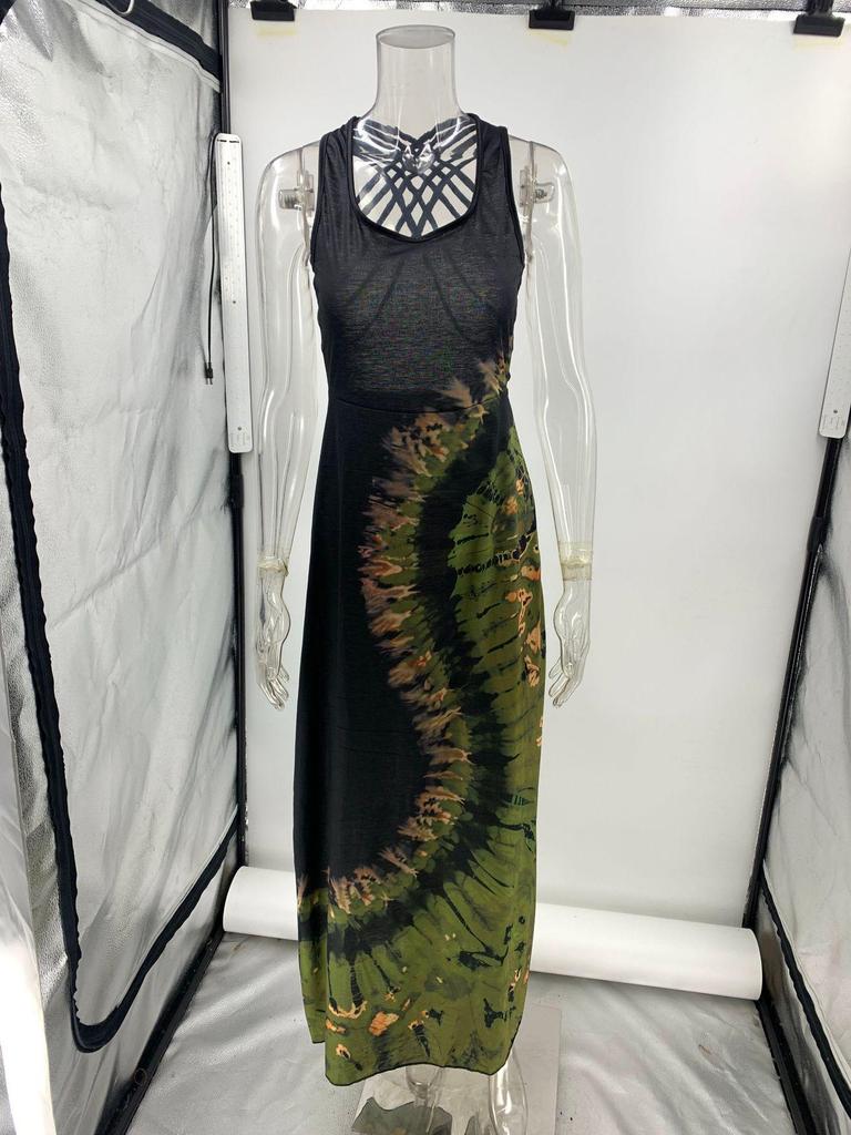 2025 Summer European & American Women's Printed Strap Backless Dress