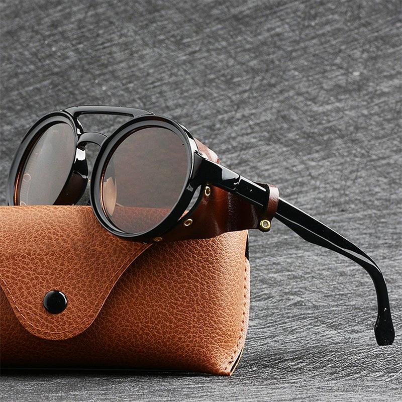 Unisex Okulary Przeciwsłoneczne Vintage Steampunk Męskie Projektanckie Projektanckie Retro Okrągłe Skórzane Okulary Przeciwsłoneczne Steam Punk Gogle Outdoorowe Uv400
