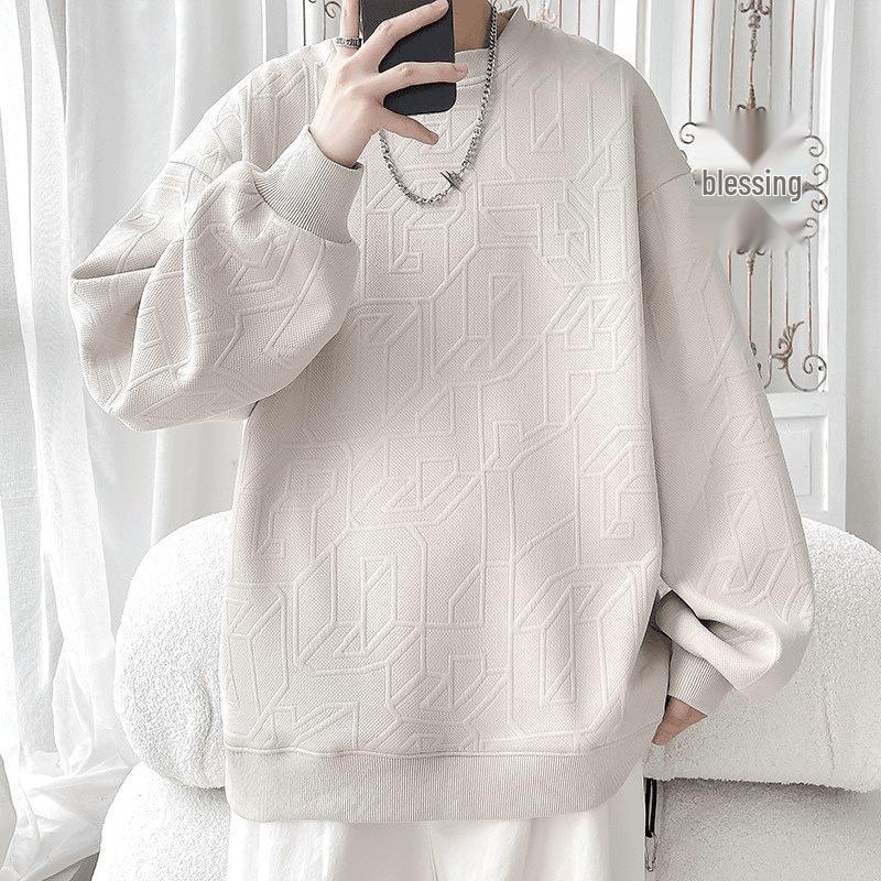 2025 Spring/Autumn Men's High-End Heavyweight Jacquard Hoodie - Versatile Round Neck, Loose Fit, Handsome Long Sleeve Top