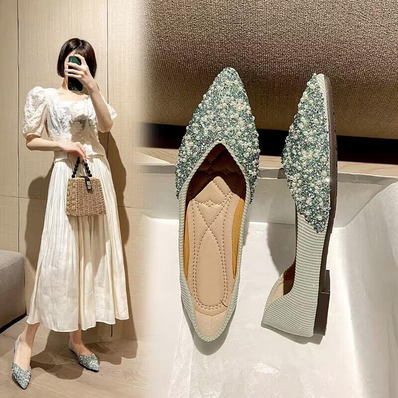 Comfortable and Elegant Pearl Pointed Toe Woman Flats Korean Style Offer Y2k Wholesale Spring Low Price Slip-on Shoes for Women