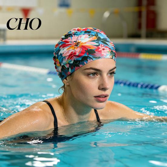 Soft Swim Cap Cloth Swimming Pool for Women, Breathable Colorful Ruffle Women Cap, Elastic Ear Protection Short Long Hair Bathing Hat Fashion Print