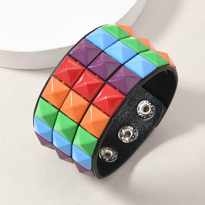 Punk Hip-Hop Three Rows Of Square Rivets Pu Leather Big Wide Bracelet For Male Female Buckle Wristband Vintage Jewelry