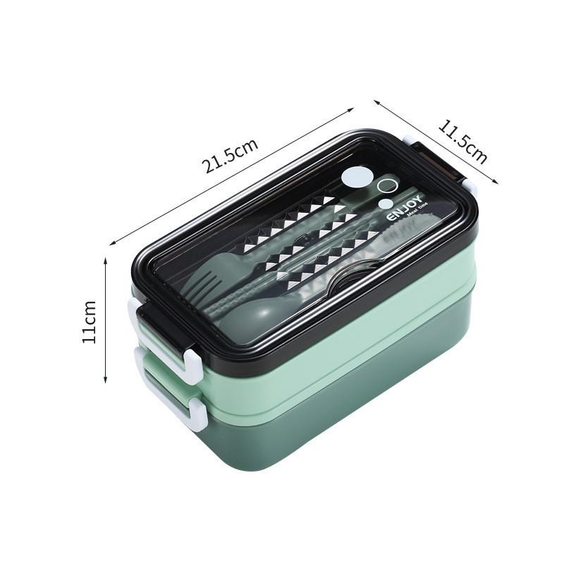 Rectangular Double-Layer Microwaveable Plastic Bento Lunch Box with Cutlery