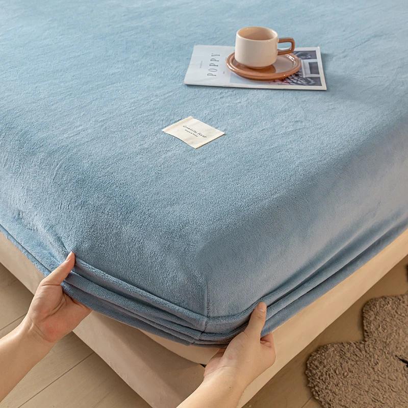 Autumn and Winter A-Class Milk Velvet Bed Sheet Solid Warm Cozy Mattress Protective Cover Bed Linen Protector Fitted Sheet Winter Keep Warm